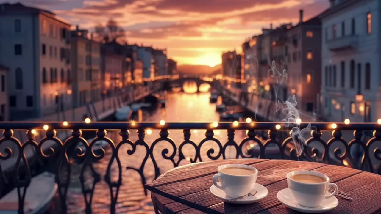 Vista romantica del tramonto su un canale con due tazze di caffè, ripresa dal basso, perfetta