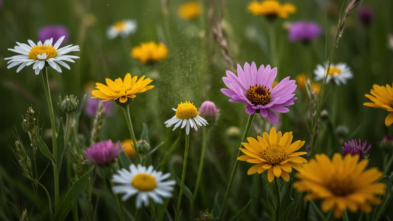 A Vibrant Display of Wildflowers: A Close-Up Look at Colorful Floral Blooms in a Lush Green Meadow Captured in Two Stunning Frames