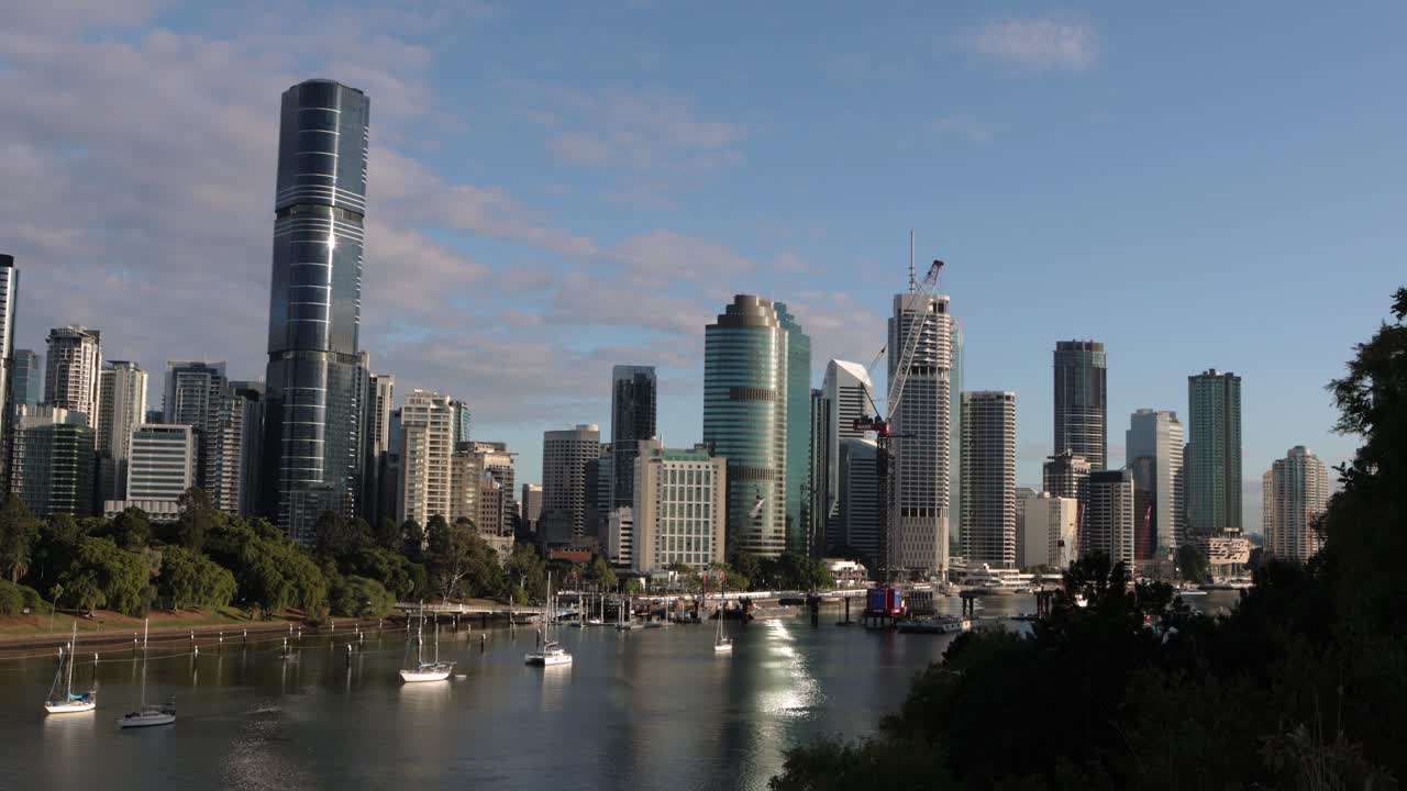 Wide view of Brisbane City and the Kangaroo Point Green Bridge construction, viewed from Kangaroo Point, Queensland, Australia