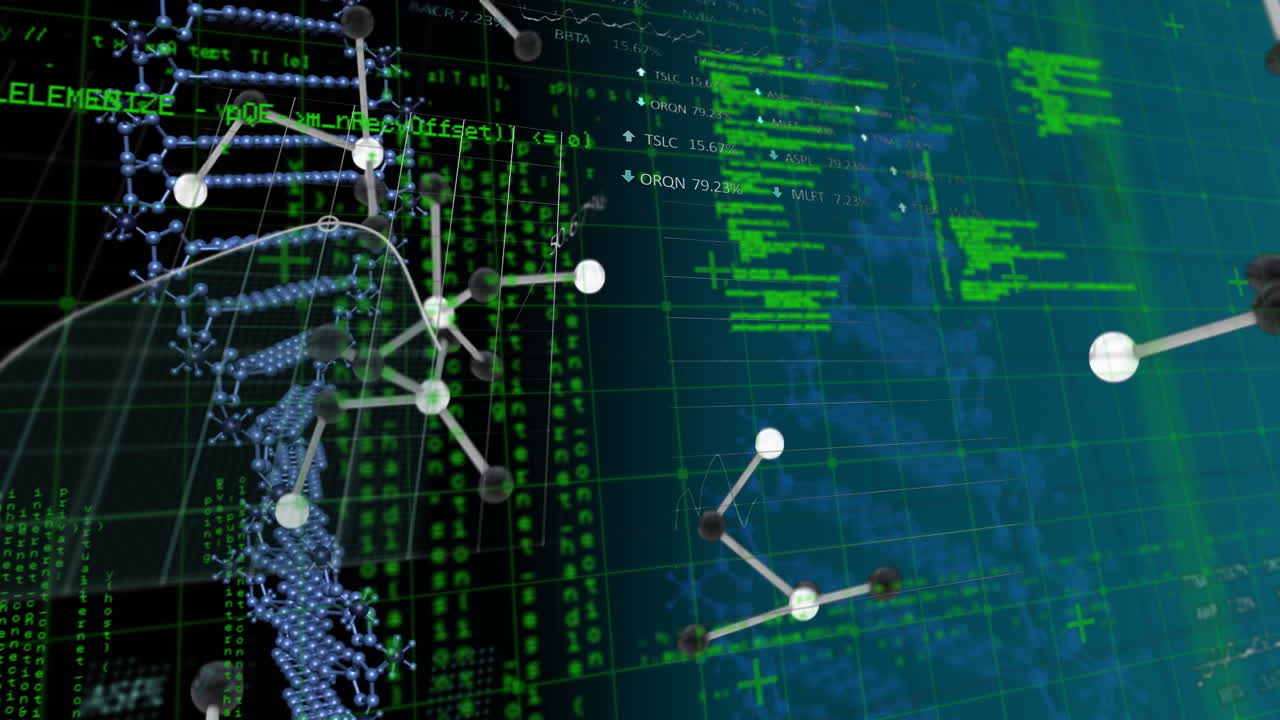 animación de moléculas giratorias de cadenas de adn y procesamiento de datos médicos