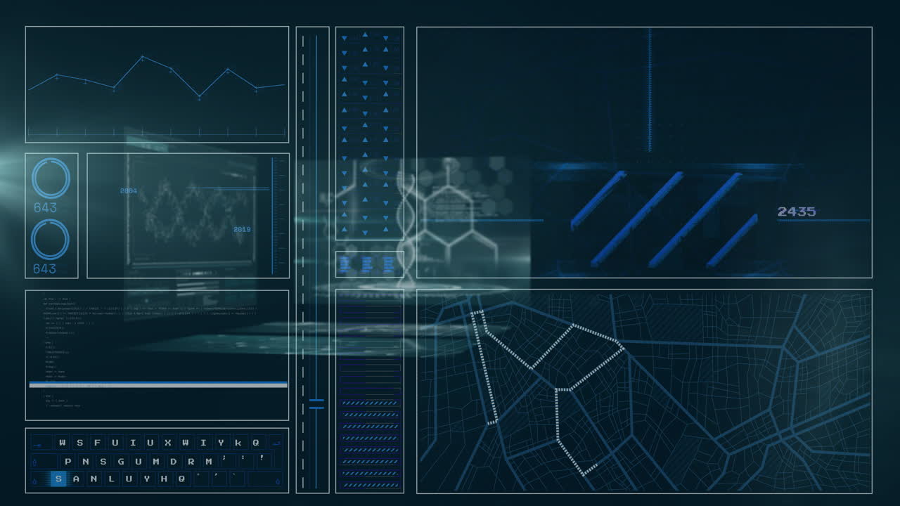 Displaying futuristic digital interface with data charts and hexagonal patterns