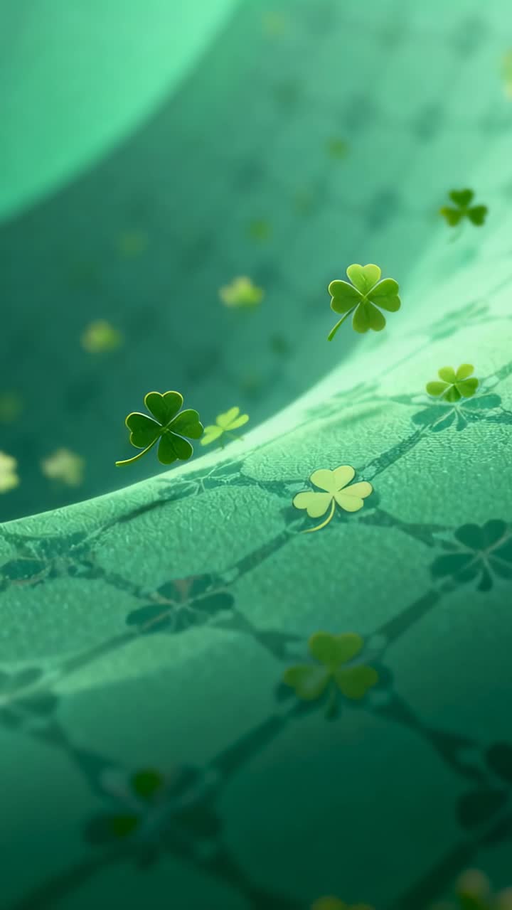 Vertical video: Drifting bright green clover leaf rotating over curved fabric, with camera panning