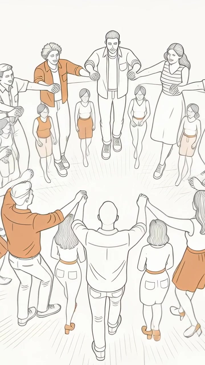 Vertical video: On cue man lowering joined hands, group passing in hall wearing orange for unity