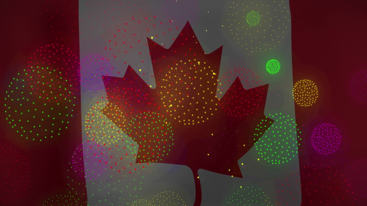 Animazione di fuochi d'artificio sulla bandiera del Canada.