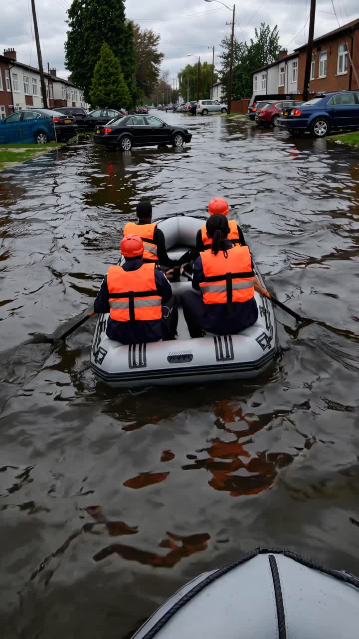 Squadra di soccorso con giubbotti arancioni che naviga una strada allagata in barca