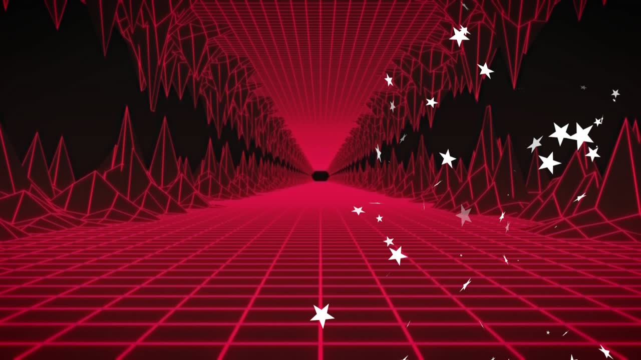 Neon-red wireframe corridor advancing while right stars spawning, drifting, fading, creating depth