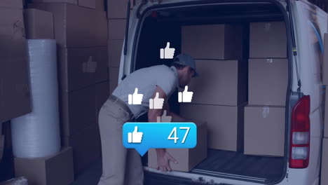 man loading boxes into van with social media likes animation overlay