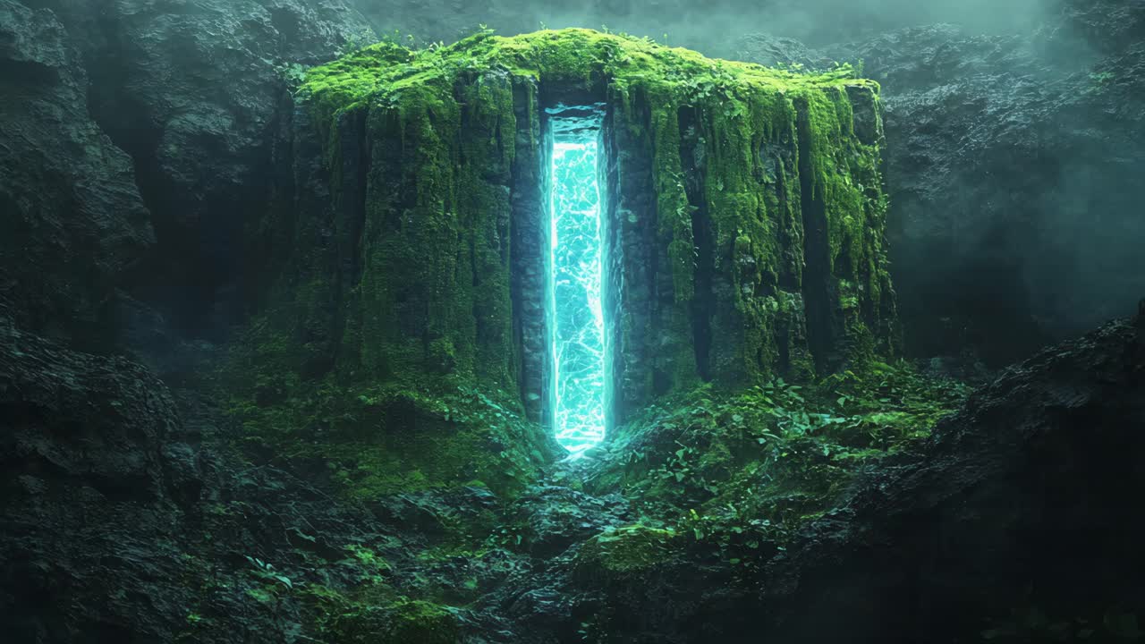 Glowing Portal in a Lush, Moss-Covered Mountain