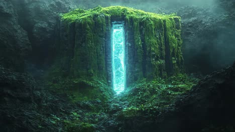 glowing portal in a lush, moss-covered mountain
