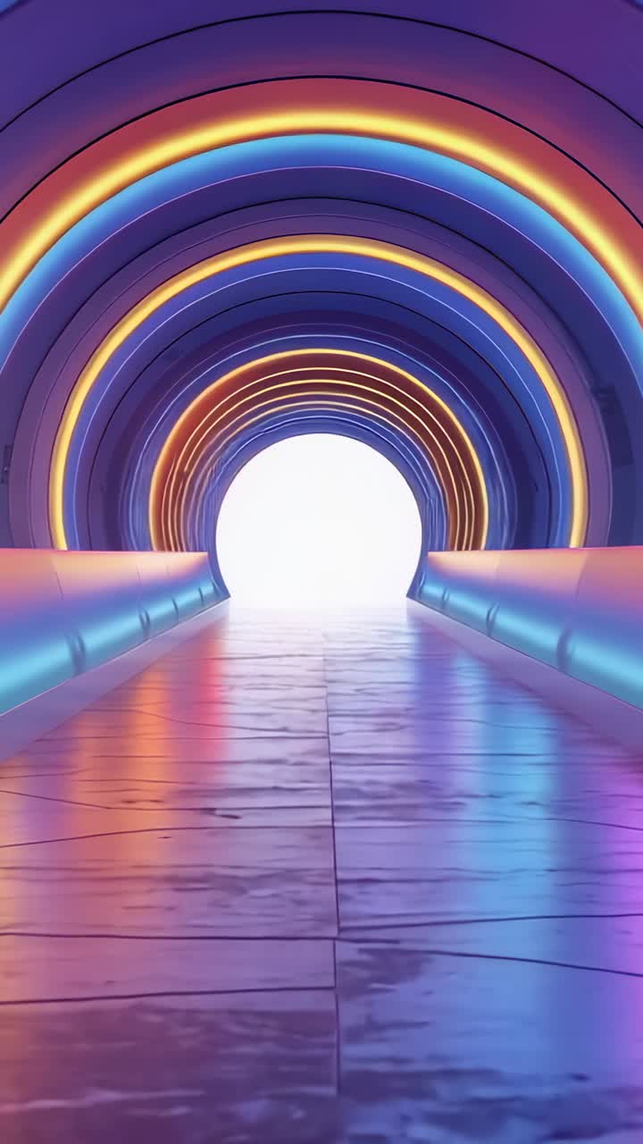 Vertical video: Camera entering neon tunnel, moving through rings reflecting on floor to white exit