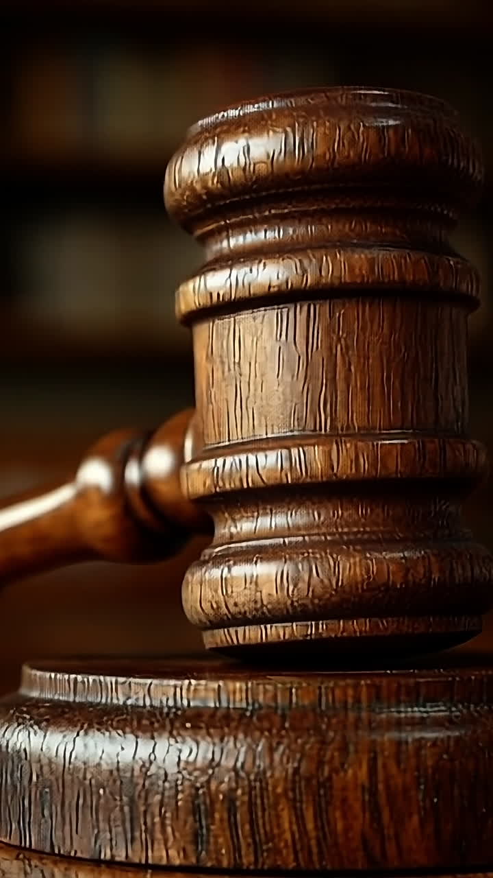 Courtroom setting with gavel and child. A wooden gavel rests on a desk in a courtroom while a child appears in the background, evoking a serious atmosphere.
