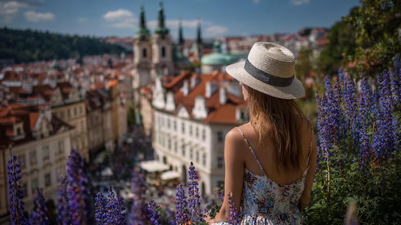 A Serene View Overlook: A Woman in a Hat Enjoys a Breathtaking Landscape of Colorful Buildings and Flowery Vistas in a Scenic City Setting