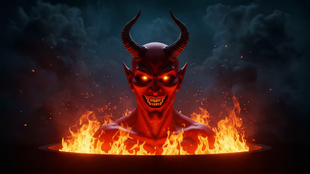 A menacing demon rises from fiery depths, showcasing fierce horns and glowing eyes, surrounded by swirling smoke and vibrant flames, embodying darkness and chaos