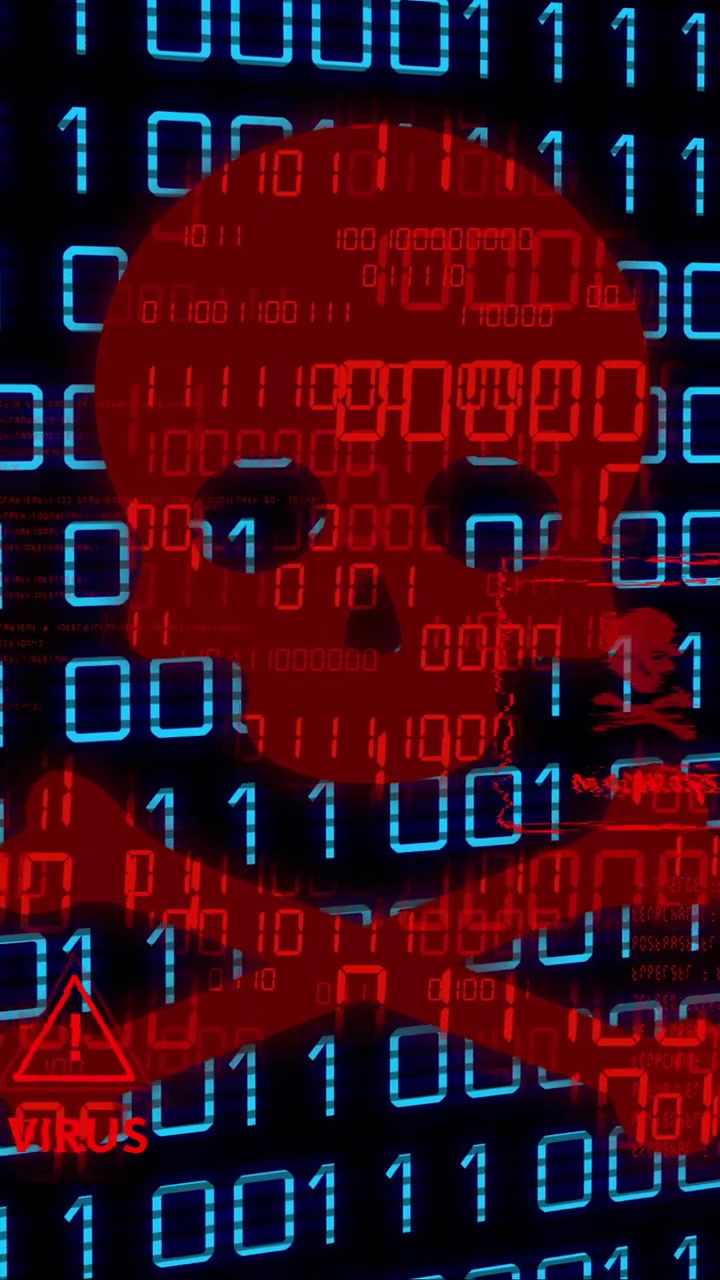 Animation of skull and bones, binary coding and data processing