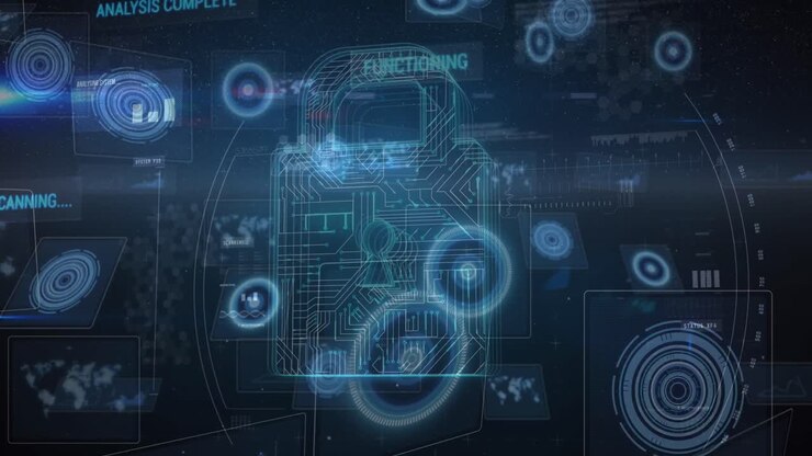 Animation of online security padlock over scopes scanning and data processing