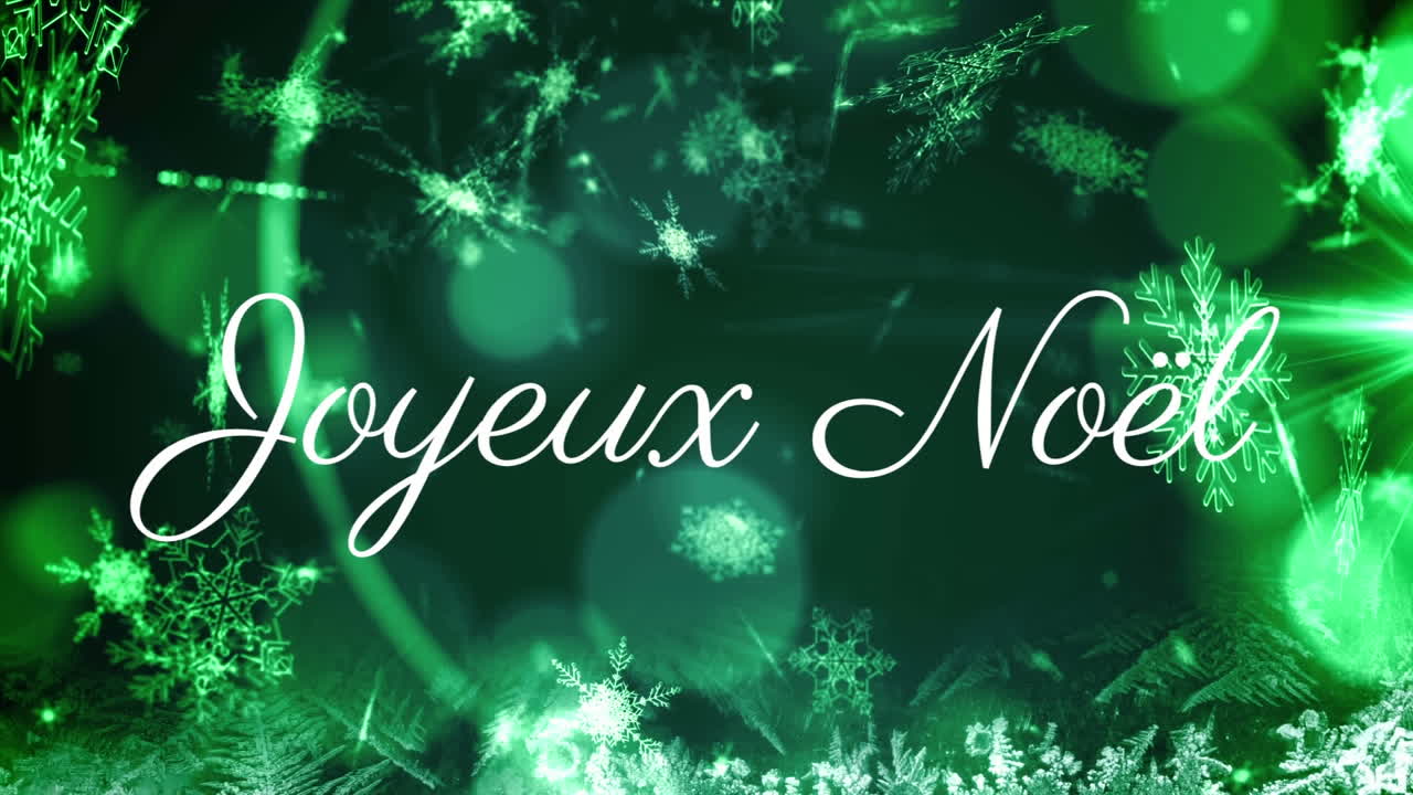 Animazione del testo 'Joyeux Noël' su sfondo verde con neve che cade.