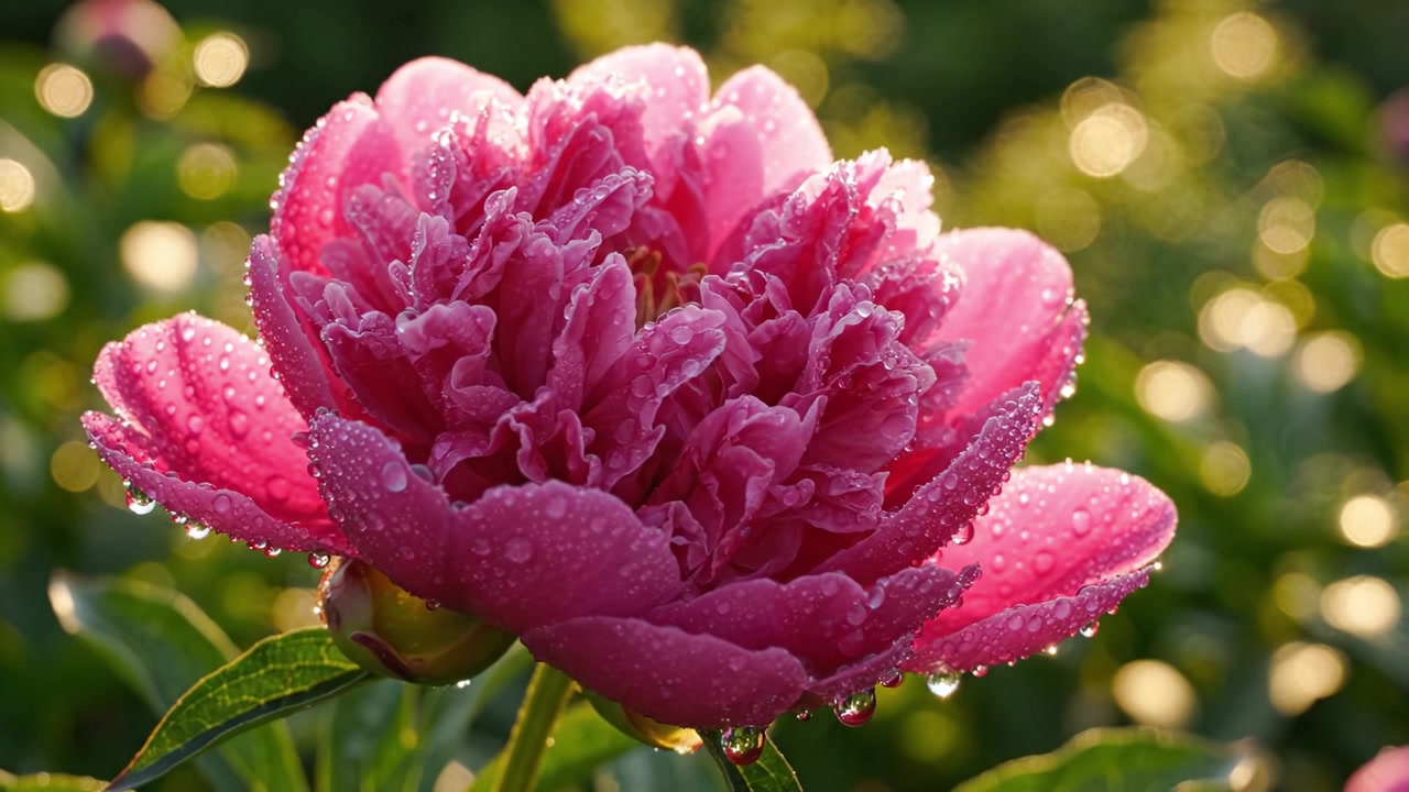 Uno splendido primo piano di un bellissimo fiore di peonia rosa bagnato dalla rugiada mattutina, che cattura l'essenza della bellezza della natura con petali vivaci e luce soffusa.