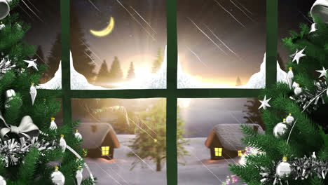 Animation-Einer-Winterlandschaft-Mit-Weihnachtsdekoration,-Gesehen-Durch-Ein-Fenster