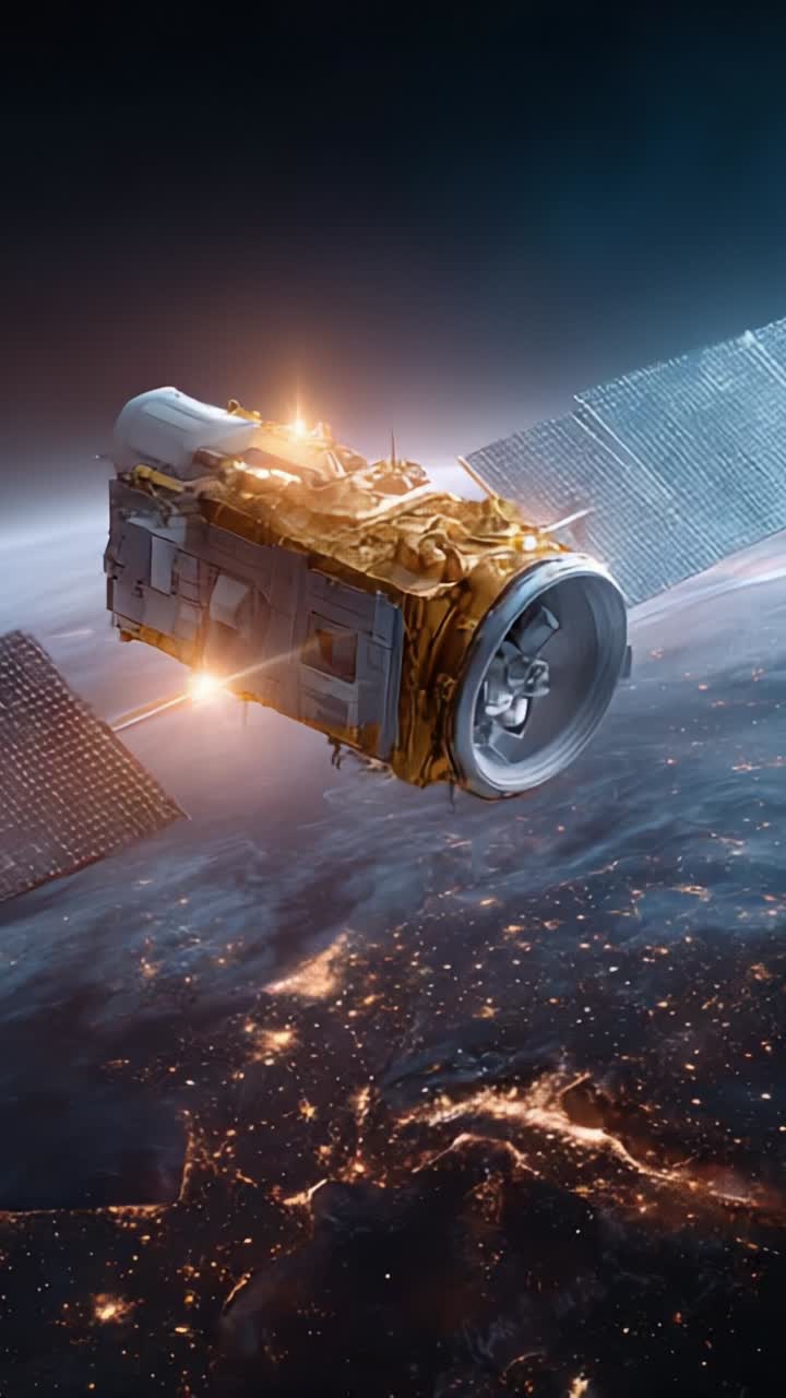 A High-Resolution View of an Advanced Satellite in Orbit, Displaying Intricate Details of Its Design and Surrounding Celestial Environment Against a Starry Background
