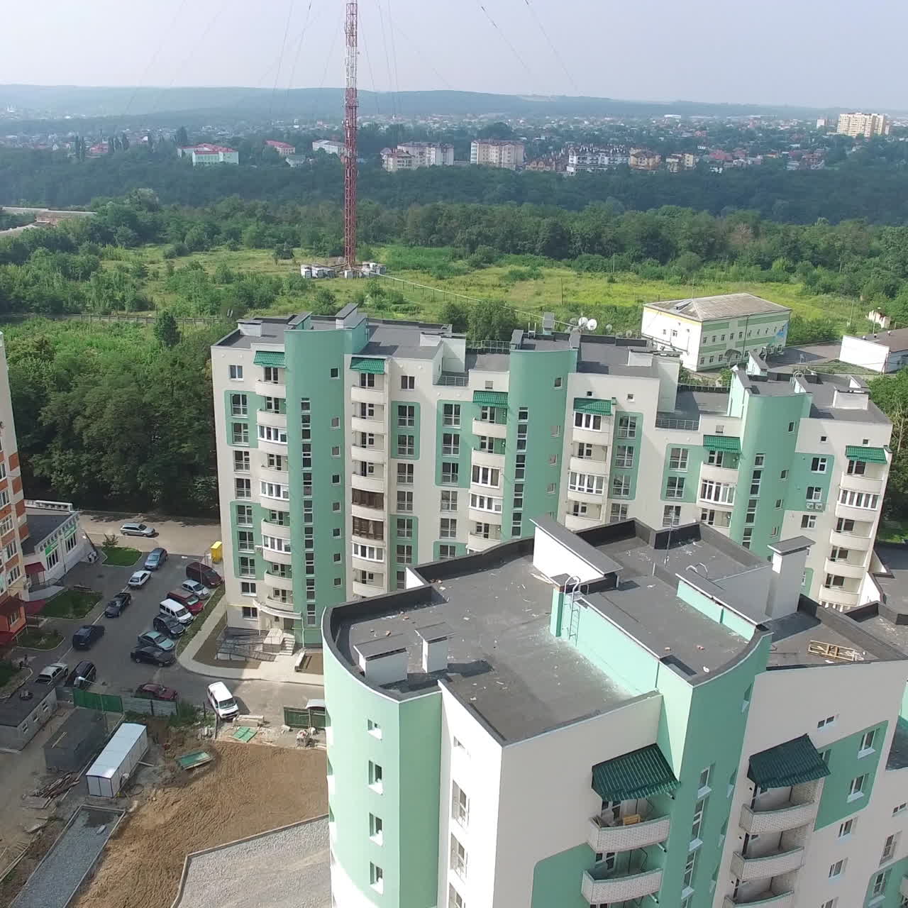Panoramic view of modern residential complex in the city. Modern design of a multy-storeyed buildings in a new construction area. Aerial view