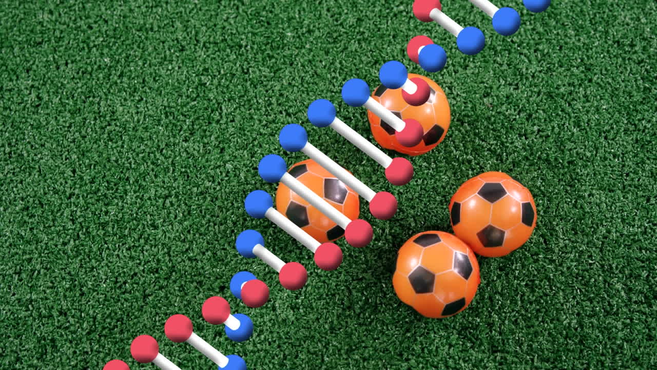 animación de una cadena de adn girando sobre pelotas de fútbol