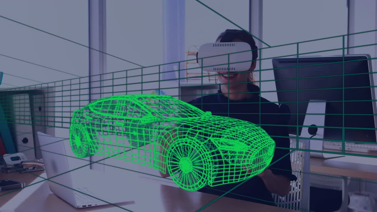 modelo de coche 3d sobre túnel digital contra una mujer que usa auriculares vr en la oficina