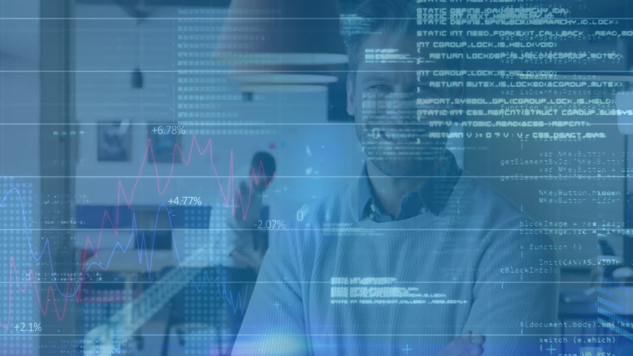 Animation of financial data processing over caucasian businessman in office
