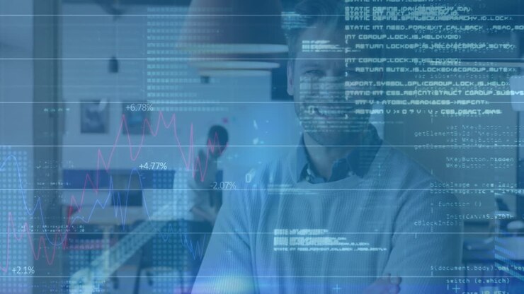 Animation of financial data processing over caucasian businessman in office