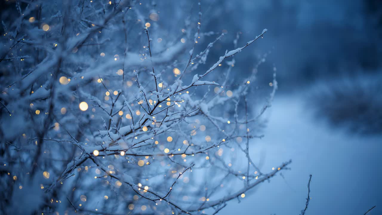 Shifting camera revealing snowy branches at lakeside, showing warm yellow lights for wider view