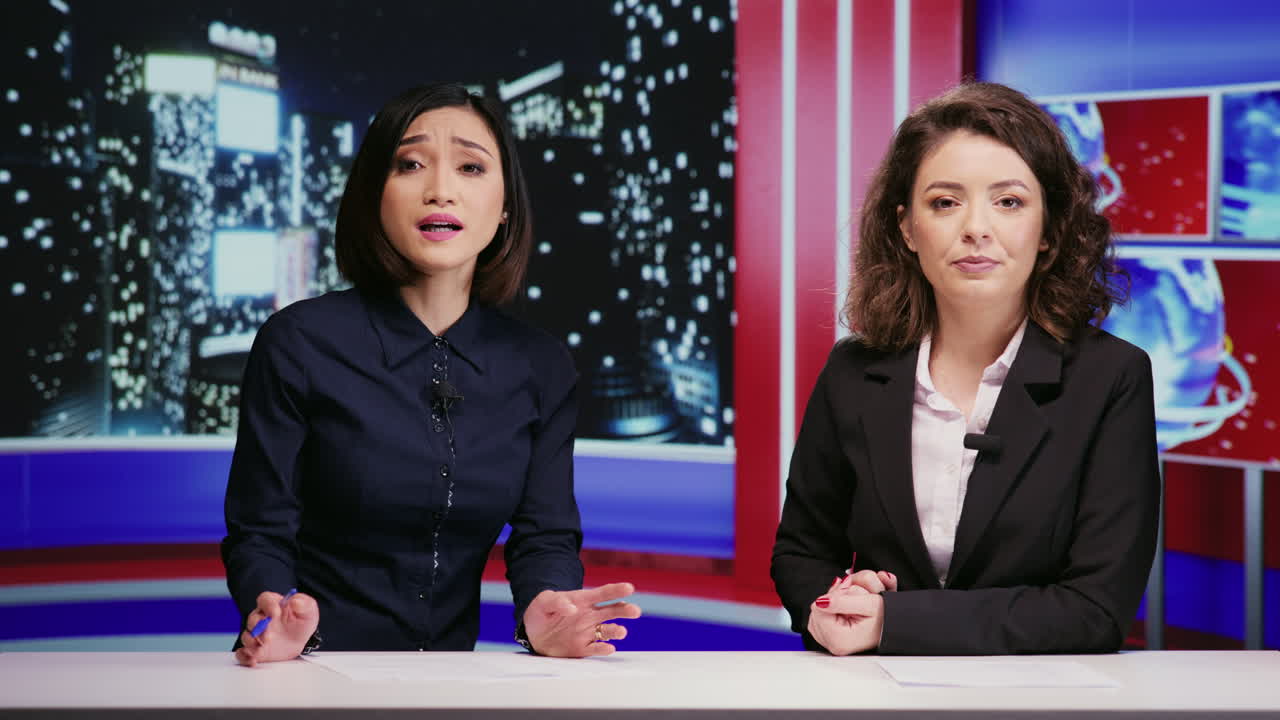 다양한 기자들이 야간 쇼를 생방송으로 진행합니다.