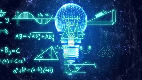 animation of mathematical equations over light bulb and networks on dark background