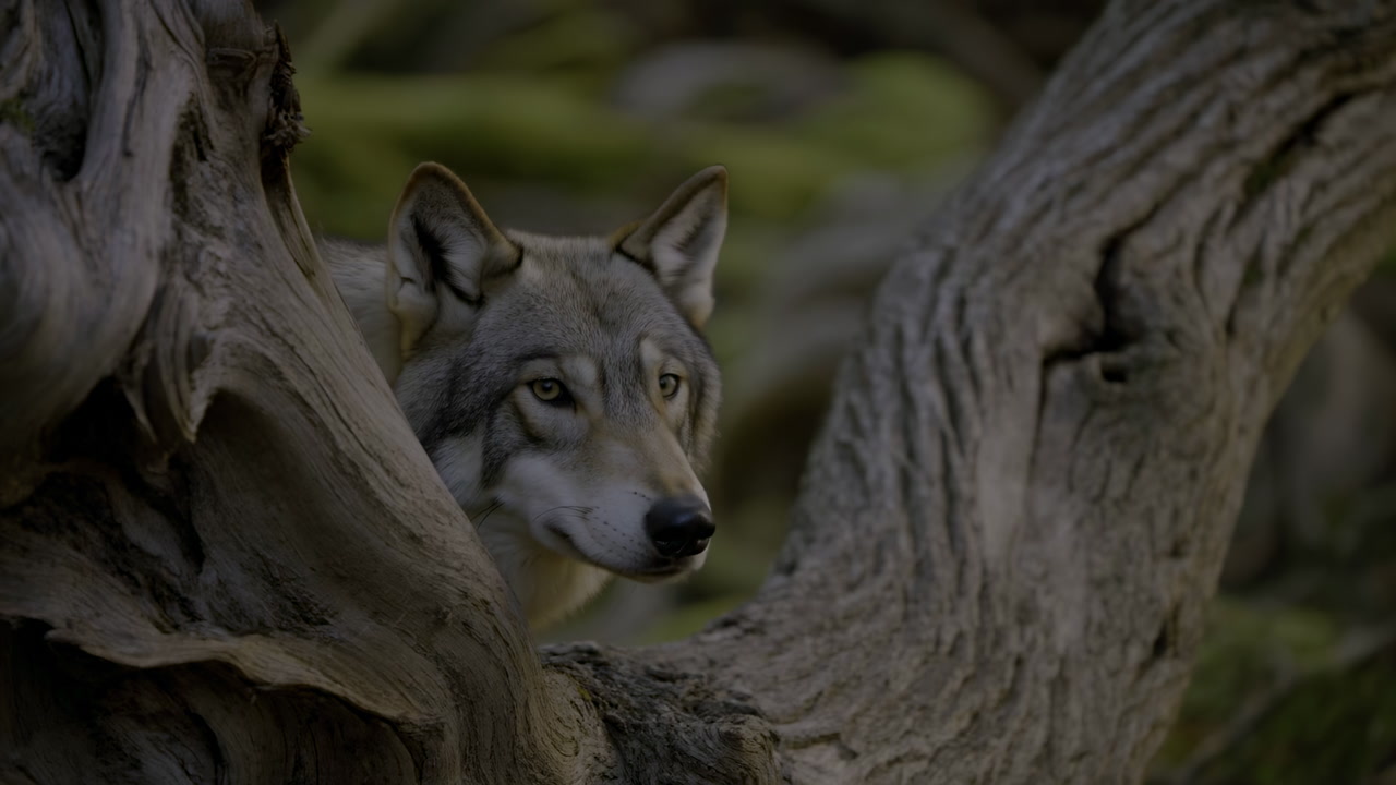 Wolf Peering Behind Mossy Log, Cinematic Closeup Capturing Alert Amber Eyes, Textured Driftwood, Green Moss