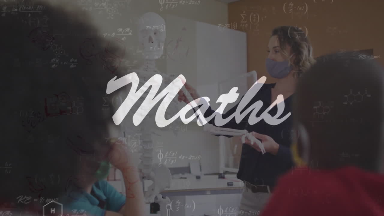 Animation of maths text and mathematical equations over schoolchildren learning with face masks