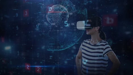 Animation-of-cyber-attack-warning-with-spinning-globe-over-woman-with-vr-headset