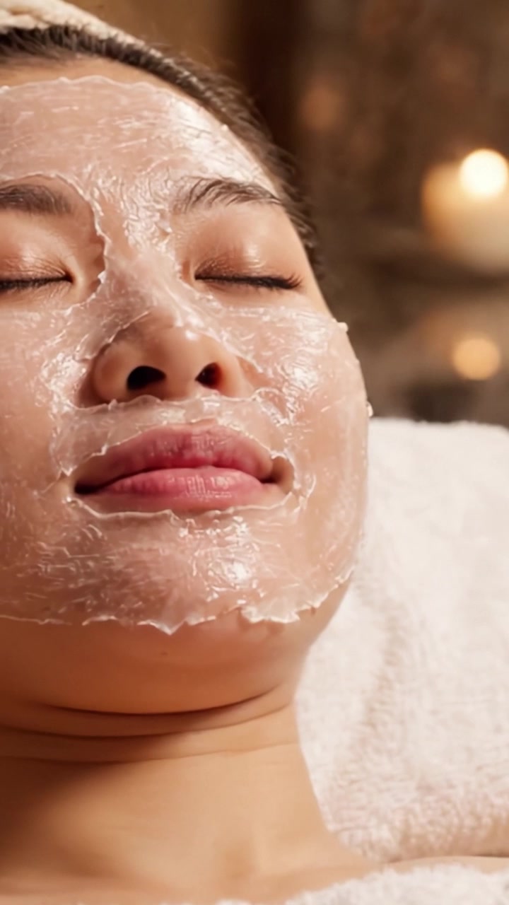 Relaxing Facial Treatment for Glowing Skin: A Close-Up of a Woman Enjoying a Soothing Skincare Session with a Moisturizing Mask Applied to Her Face