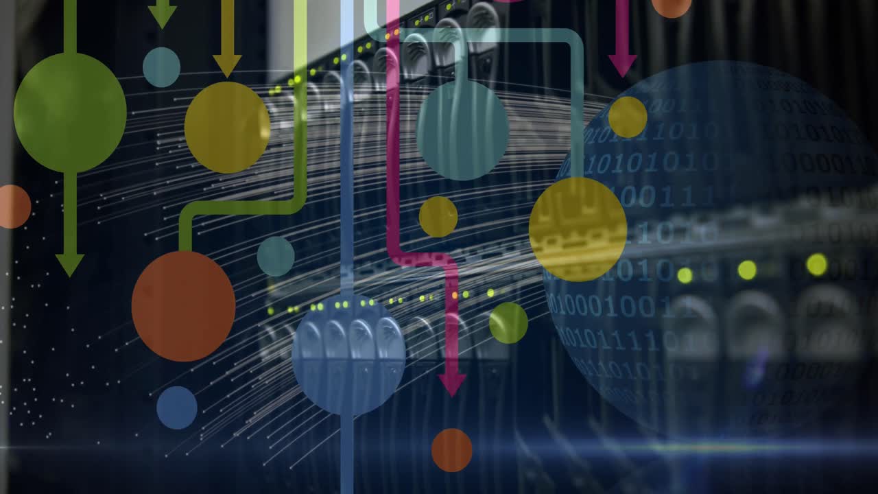 animación de la red de conexiones a través de un servidor informático y un globo con codificación binaria en segundo plano