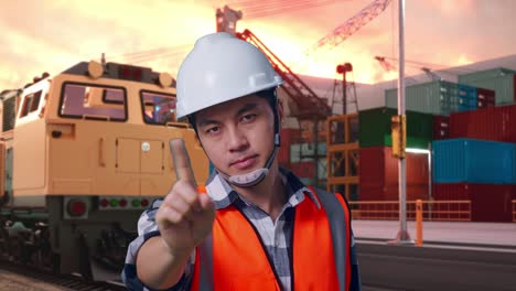 close up of asian male engineer with safety helmet disapproving with no index finger sign while standing with freight cargo train at port