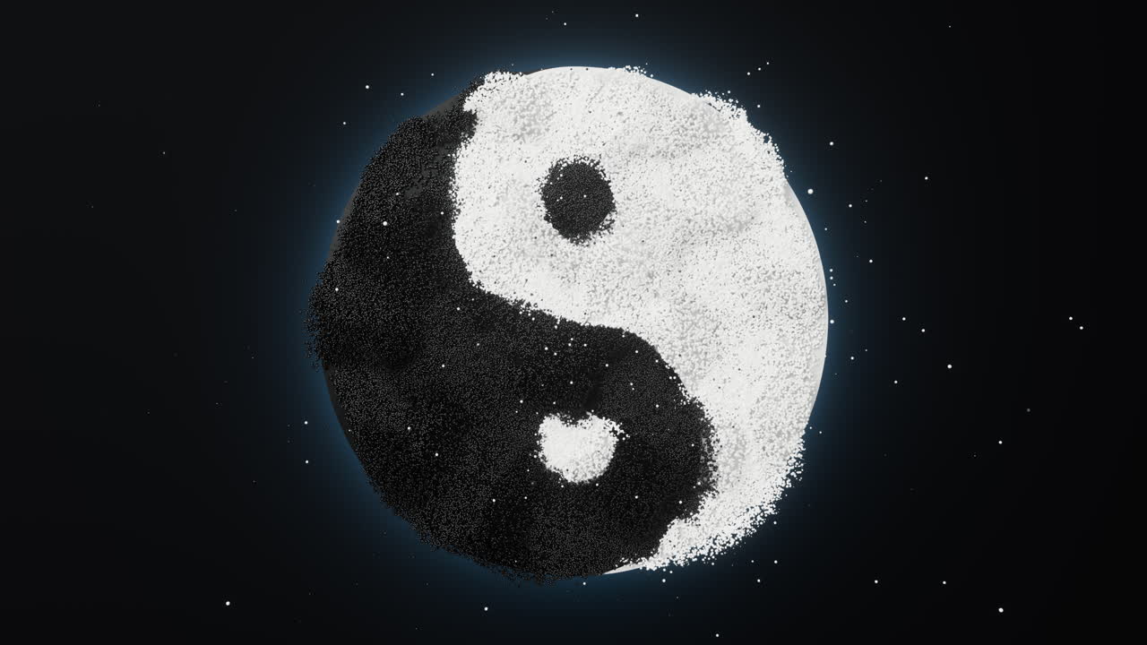 Chinese ancient taiji yin-yang pattern with flowing particles, 3d rendering.
