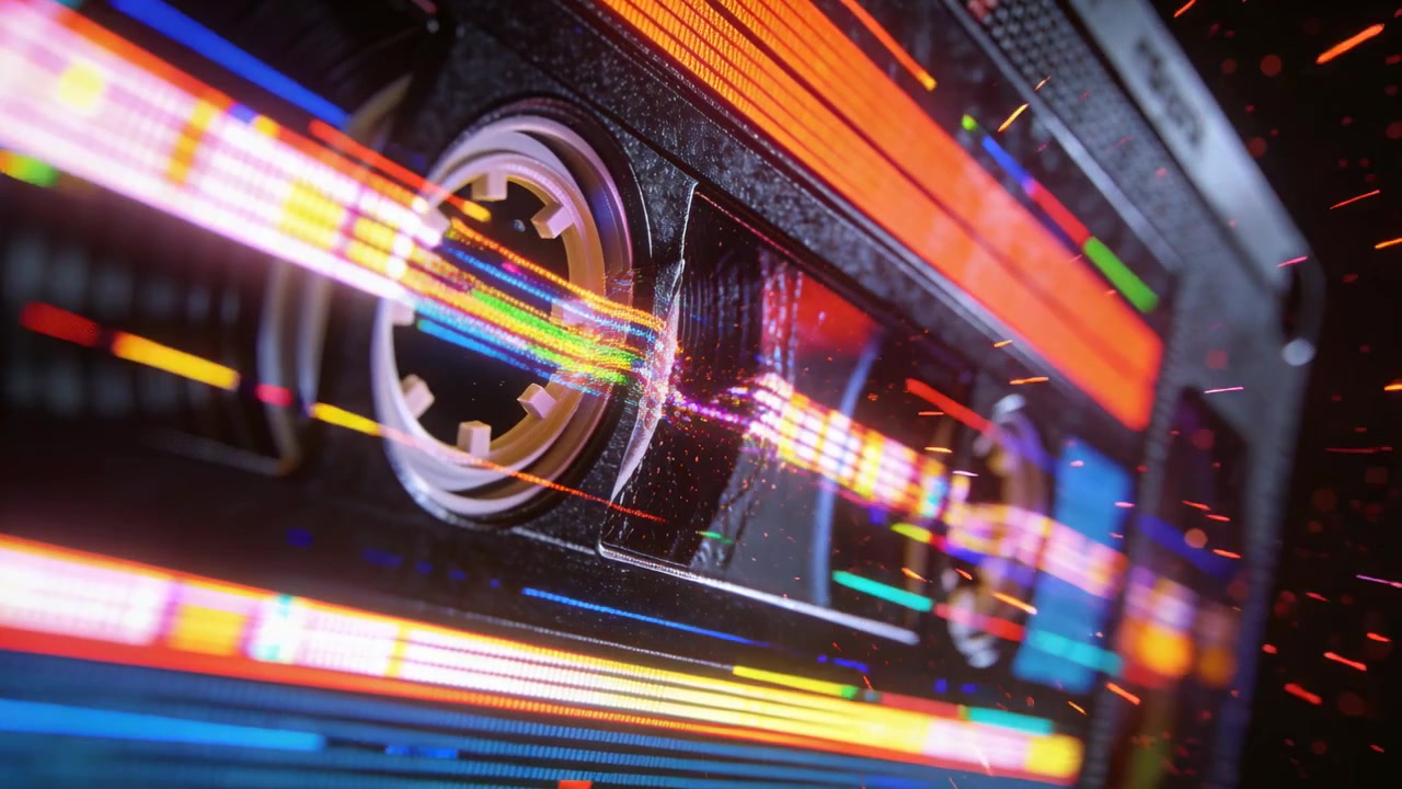 Gliding tape showing hubs as camera panning in studio nostalgic neon streaks and sparks, copy space