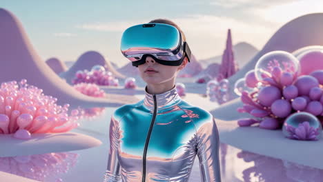 woman in vr headset in a futuristic pastel landscape