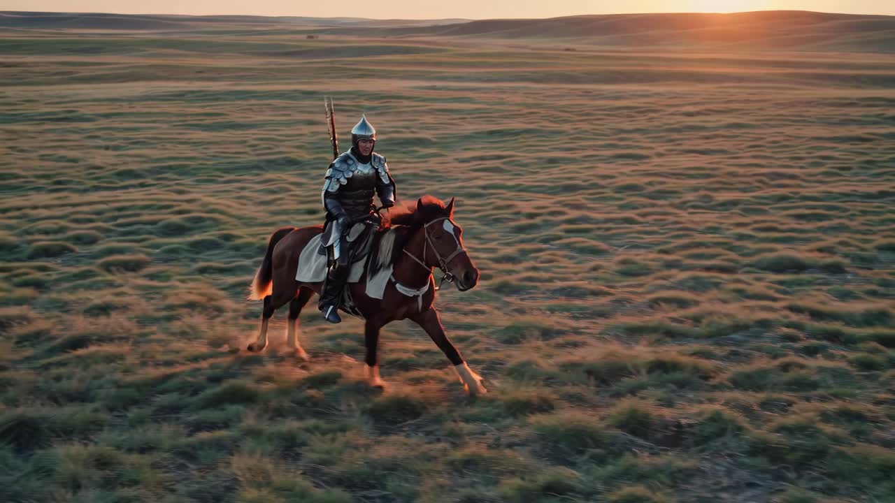 A medieval warrior in armor rides a horse across a grassy plain at sunset