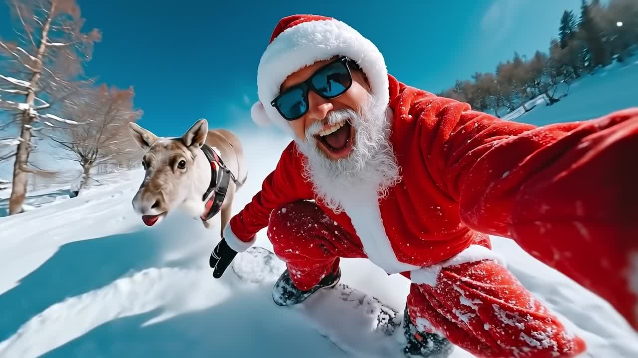 A man in a santa suit riding a snowboard next to a reindeer