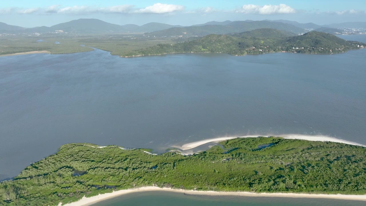 Florianópolis, Pantai Daniela. Pemandangan Udara Garis Pantai Tropis. Bidikan Pembuka. Santa Catarina, Brasil.