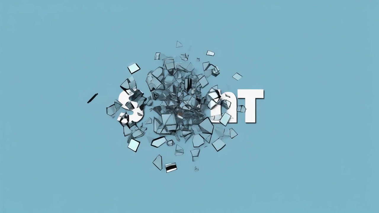 3D Text SORNT Shattering into Fragments on Blue Background