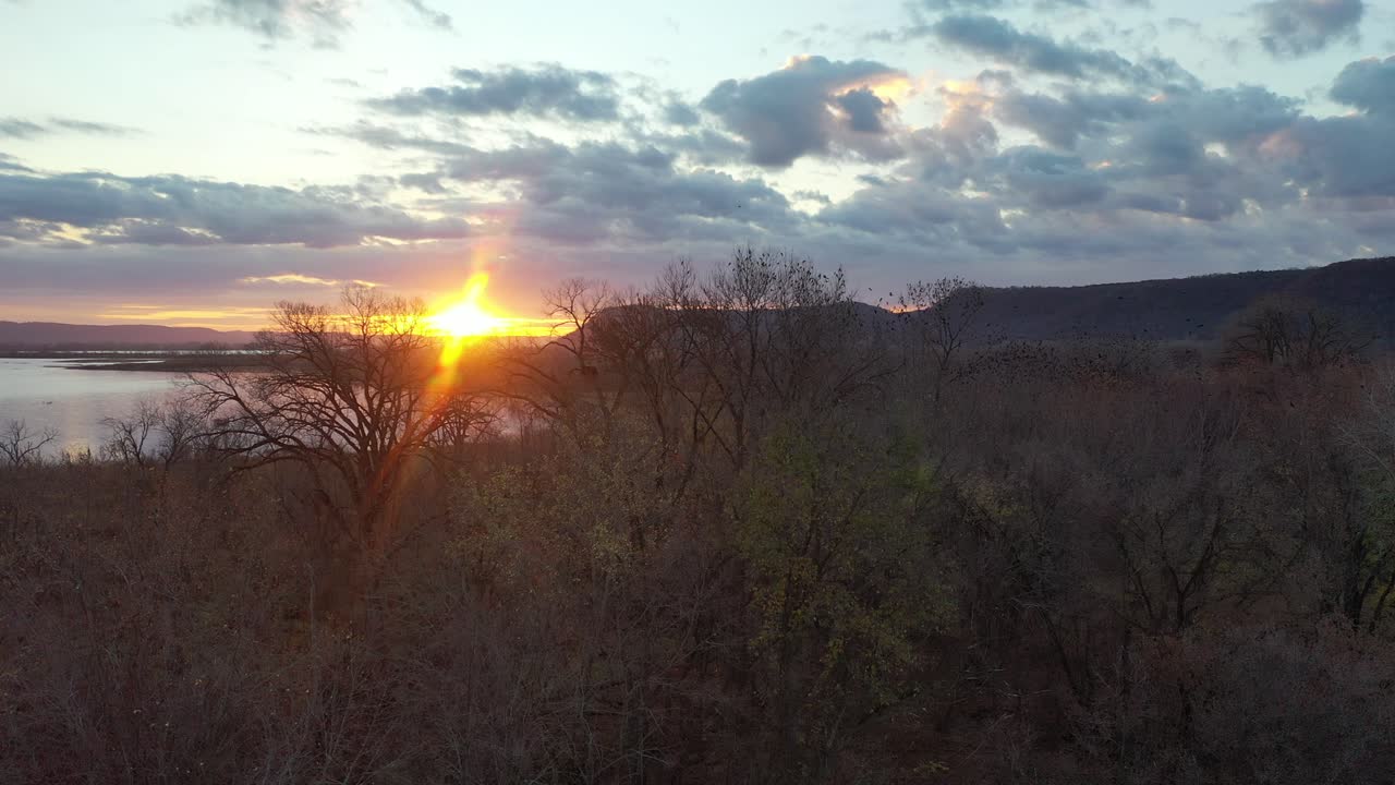 puesta de sol sobre un río y un bosque