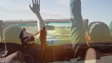 riding convertible with arms raised, people enjoying animation on sunny day