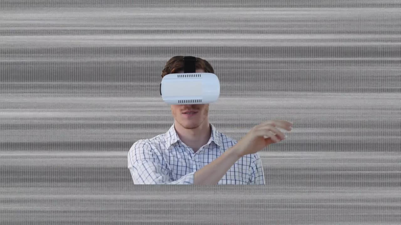 animación de un hombre de negocios con auriculares vr en un fondo de rayas grises