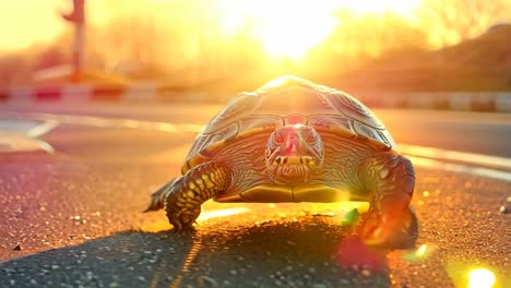 una tortuga está sentada en el suelo en el medio de la carretera