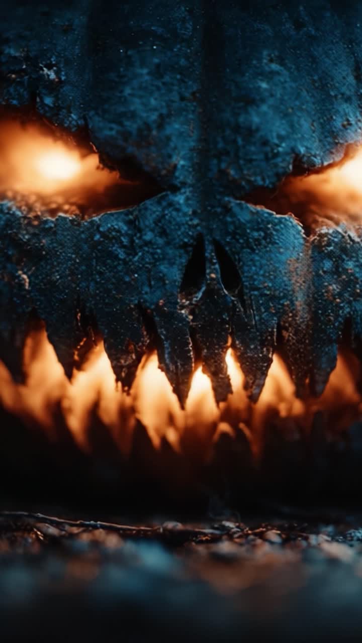 Misterioso e Sinistro Teschio di Zucca Incandescente, Che Evoca Ombre di Paura e Immagini di Dark Fantasy con una Luce Ardente Sinistra che si Riflette dall'Interno