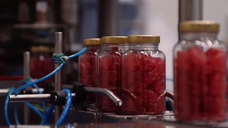 bottled red multivitamins on conveyor system - automated manufacturing process